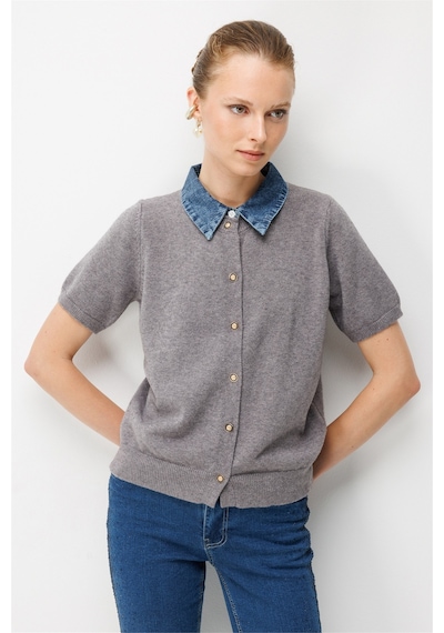 On Kadın Denim Detaylı Kısa Kollu Triko Hırka 10509 Gri