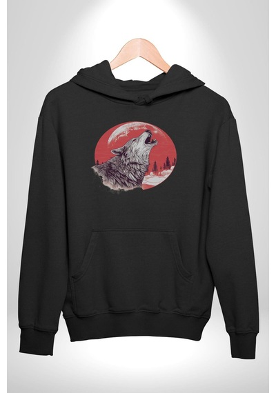 Uluyan Beyaz Kurt Kadın Erkek Siyah Kapüşonlu Sweatshirt Hoodie Siyah