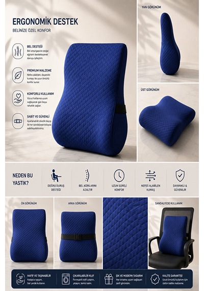 Ergonomik Ve Ortopedik Sırt Minderi Doğru Destek, Konforlu Oturuş Lacivert