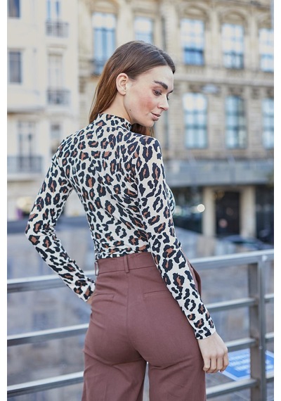 Jument Kadın Kaşkorse Yarım Balıkçı Uzun Kol Desenli Body Bluz-bej Leopar Bej Leopar
