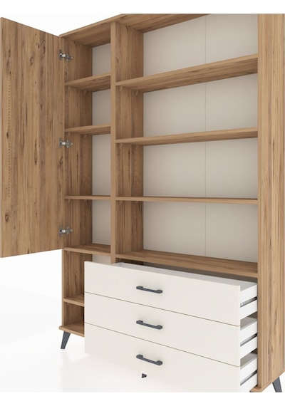 Arges Dolap 9 Raflı 3 Çekmeceli Tek Kapaklı 132x30x195 Çam-ç... Çam
