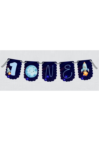 Uzay Konsept One 1 Yaş Doğum Günü Süsü Banner Happy Birthday