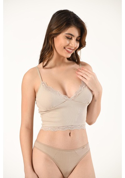 Lusistore Crop Bluz Takım Askılı Dantelli Pedli Büstiyer Bralet %95 Pamuk Ten
