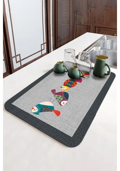 Gri Papağanlı Microfiber Bulaşık Kurutma Kurulama Matı Mm022