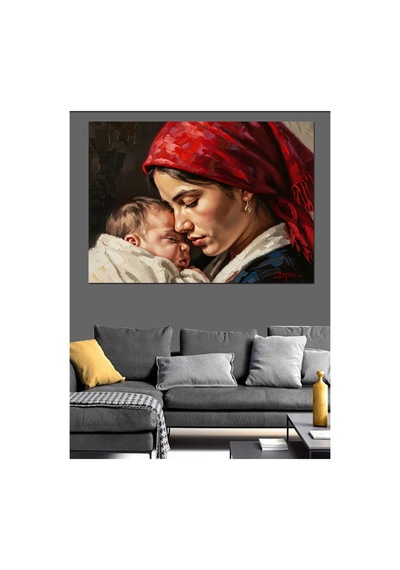 Bebeğine Sarılan Şefkatli Anne Portresi Yağlı Boya Dokulu Kanvas Tablo Canvas Tablosu