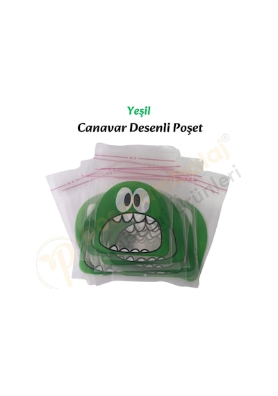 25 Adet Yeşil Canavar Desenli Cake Pop & Kurabiye Poşeti-10x15 Cm