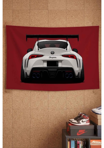 Toyota Supra Beyaz Spor Araba Kırmızı Dekoratif Duvar Örtüsü Duvar Halısı