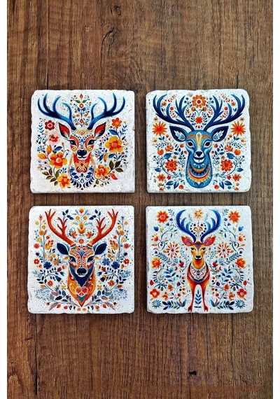 Doğal Taş Bardak Altlığı 4'lü Set 10x10x1 Cm Renkli Geyik Desen Baskılı-stone Coasters Çok Renkli