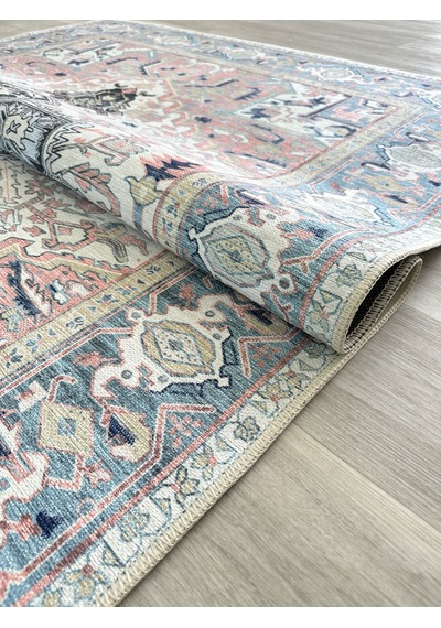 Geometrik Madalyon Desenli Açık Mavi Ve Pudra Pembe Etnik Halı - Ar861nt Açık Mavi - Pembe
