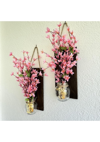 Led Işıklı, Pembe Sakura Çiçekli Duvar Dekoru Ceviz İkili Set