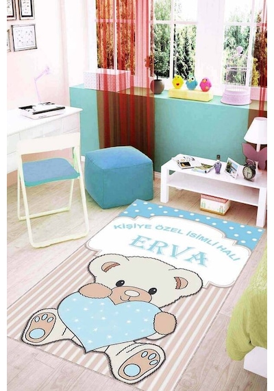 Mavi Kaymaz Tabanlı Bebek Halısı Ayıcıklı İsimli Halı Kd02n11