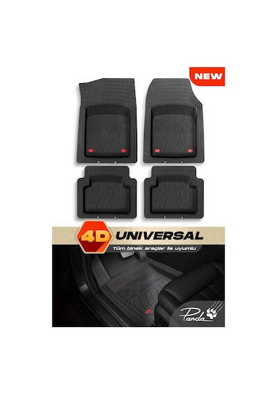 Siyah - Siyah Panda 4d Unıversal Oto Paspas Takımı Kaymaz, Şaft Tünelli, Derin Havuzlu