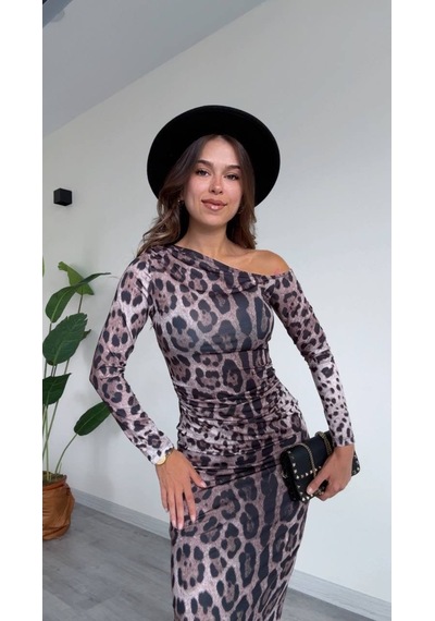 Modadua Tek Omuz Leopar Desenli Midi Elbise Çok Renkli