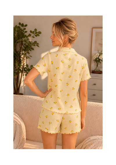 Rindahomewear Limon Desenli Pamuklu Örme Kumaş Düğmeli Şortlu Takım Limon Desenli