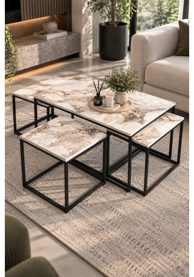 Sulorahome Ekru Desenli Metal Ayaklı 4'lü Sehpa Seti