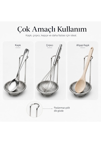 Paslanmaz Çelik Kepçe Standı, Yemek Yağ Lekelerine Karşı Temiz Tutan Dik Metal Gövde, Kevgir Kaşık Çırpıcı Mutfak Seti Altlığı, Kaşıklık, Tezgah Ve Mutfak İçin Hijyen Altlık