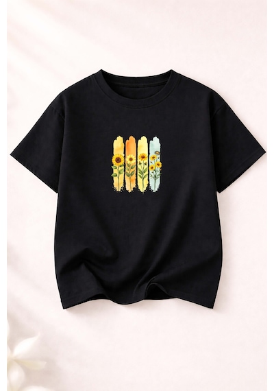 Herkesemoda Ayçiçek Demeti Baskılı Kadın Bisiklet Yaka Pamuklu T-shirt Siyah