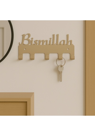 Lunoart Bismillah Yazılı Metal Anahtarlık Askılığı Siyah 6 Askılı Modern Duvar Dekoru Vizon