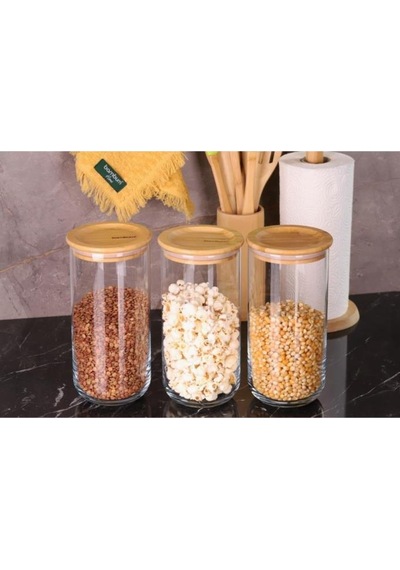 Duo 1300ml 3'lü Saklama Kabı-bambu Kapaklı Cam Baharatlık