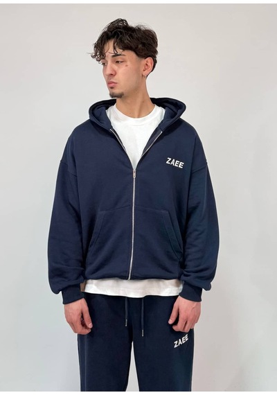 Zaee İnce Kumaş Nakışlı Oversize Premium Zip Hoodie Lacivert