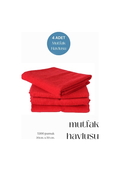 4 Adet Mutfak Havlusu El Yüz Havlusu Kırmızı