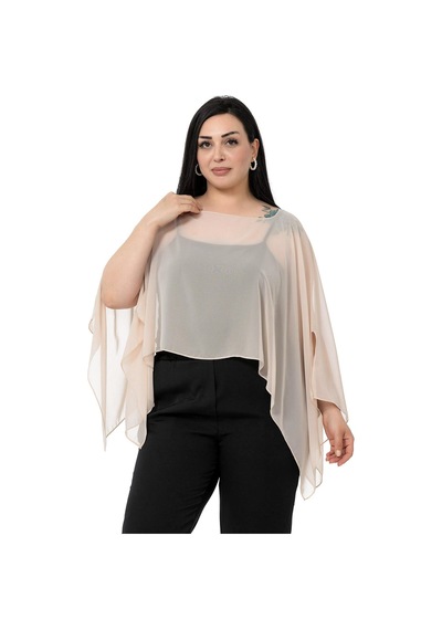Disentis Büyük Beden Asimetrik Kesim Şifon Bej Pelerin Bolero - Bej