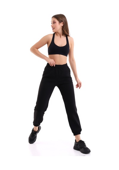 Winmoda34 Kadın Üç İplik İçi Şardonlu Polarlı Eşofman Altı Jogger Rahat Kalıp Siyah