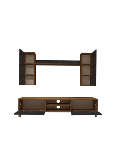 Decoraktiv Eko 7 Mdf Dvd Krom Ayaklı Tv Ünitesi Tv Sehpası Ceviz - Siyah Mermer