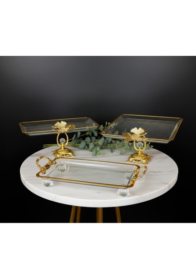 Çnr Home Collection 3 Parça Gold Yaldızlı Kristal Ayaklı Sunumluk Gold