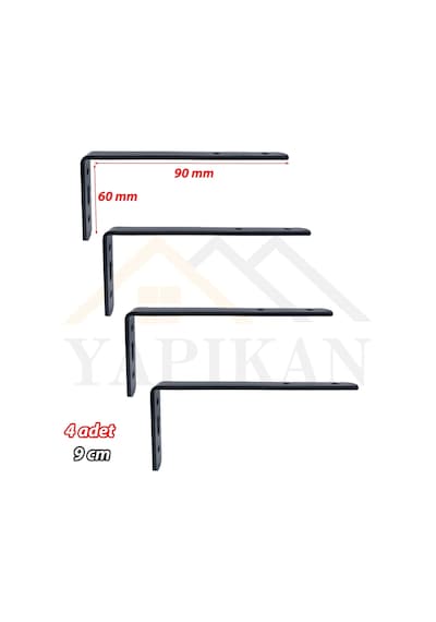 6x9 Cm - 4 Ad. Siyah Modern Çelik Raf Altı Ayak - Raf Tutucu Aparat - Metal L Raf Demiri