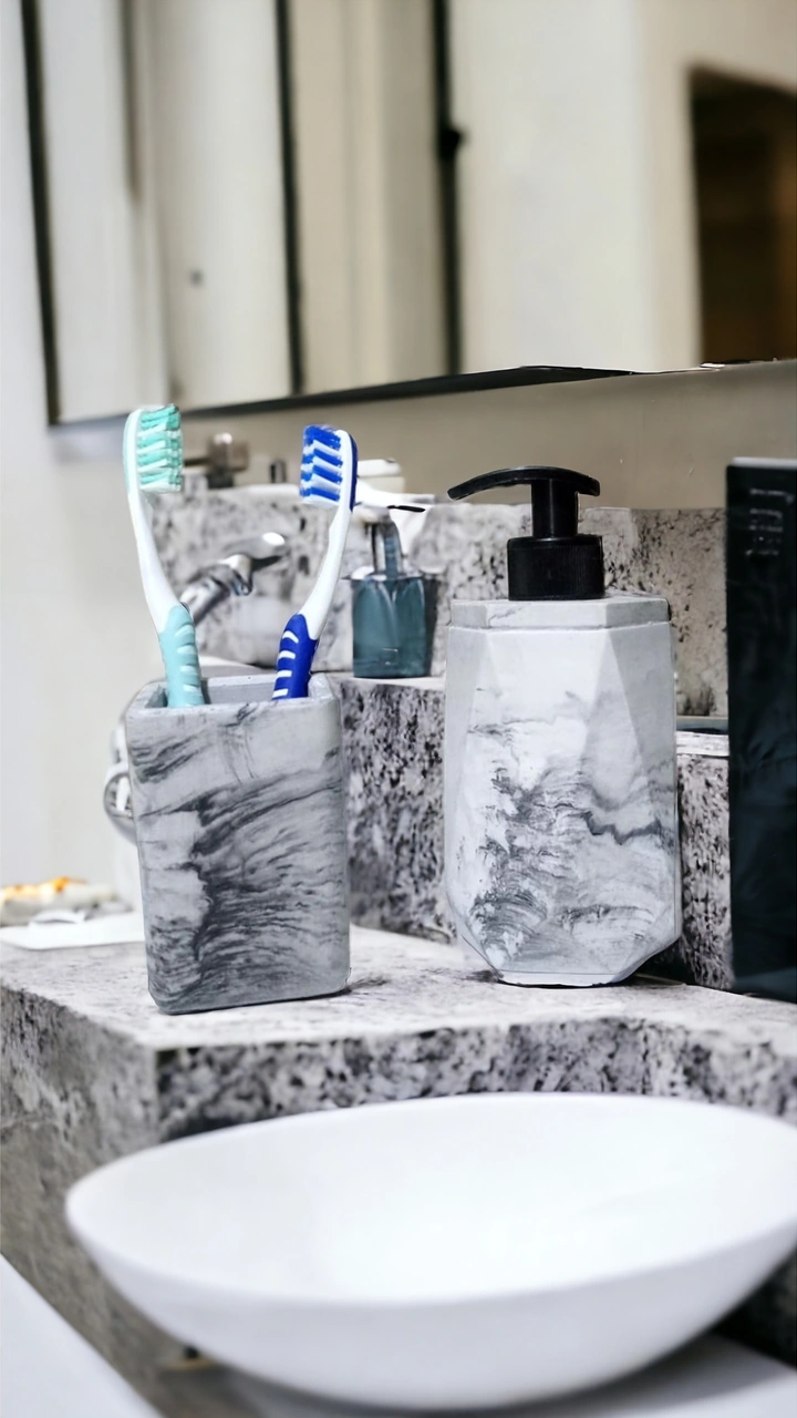 2'li Mermer Desenli Görünümlü Banyo Seti, Sıvı Sabunluk Diş Fırçalığı Beton Antrasit Gri