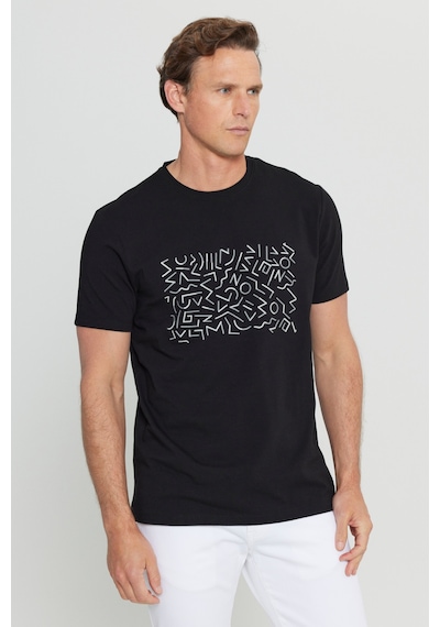 Altınyıldız Classıcs Erkek Sıyah Pamuklu Slim Fit Dar Kesim Bisiklet Yaka Baskılı Esnek Tişört SIYAH