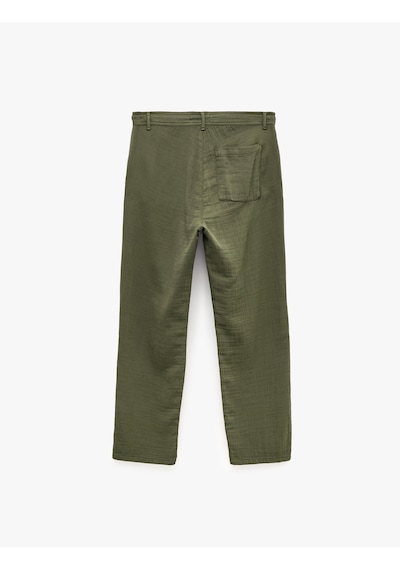 Koton Beli Bağcıklı Düğmeli Cepli Regular Fit Pamuklu Chino Müslin Pantolon Haki 7wam40045hw