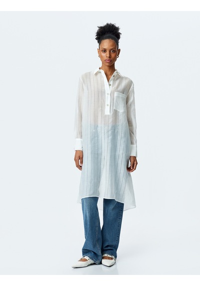 Koton Uzun Kollu Gömlek Yaka Yarı Transparan Oversize Uzun Tunik Kırık Beyaz 5sak60193uw Ekru