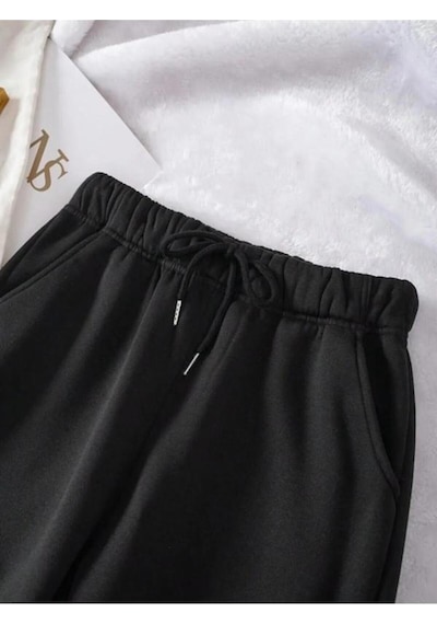 Unisex 3 İplik Şardonlu Düz Yüksel Bel Lastikli Paça Cepli Jogger Eşofman Altı Siyah 3ip