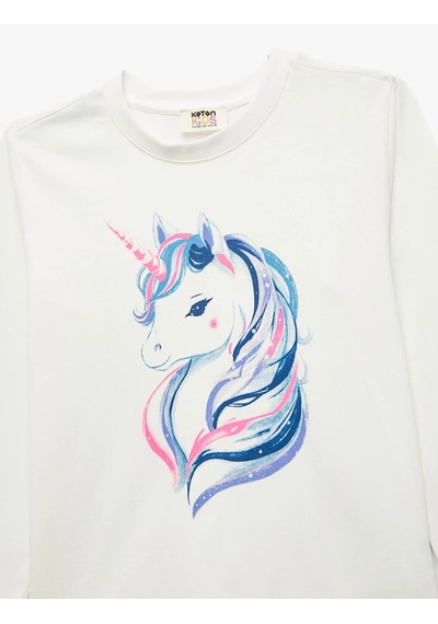 Koton Unicorn Baskılı Ekru Kız Çocuk Uzun Kollu T-shirt 7wkg10066ak