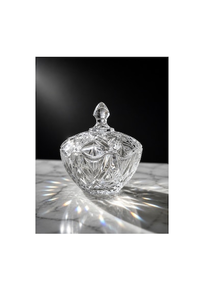 Lora Kristal Desen Kapaklı Parlak Cam Şekerlik 14x12 Cm Şeffaf