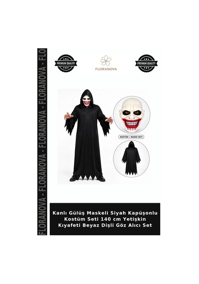 Kanlı Gülüş Maskeli Siyah Kapüşonlu Kostüm Seti 140 Cm Yetişkin Kıyafeti Beyaz Dişli Göz Alıcı Set