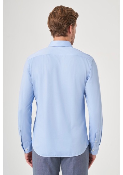 İmza Mavi Tulum Yaka Uzun Kol Cepsiz Örme Slim Fit Pamuklu Gömlek 1004260208 Koyu Mavi