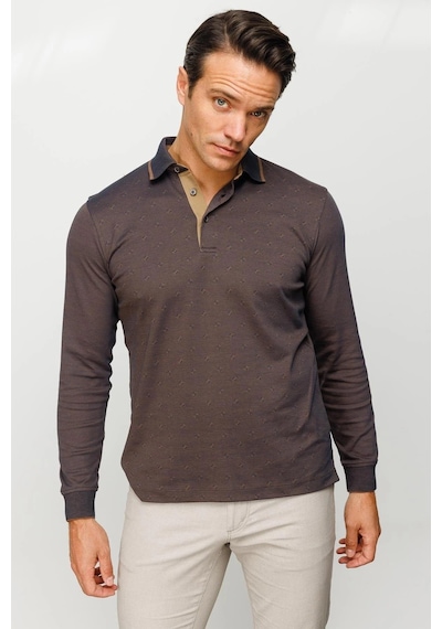 Desen Triko Erkek Polo Yaka Kare Desenli Uzun Kollu Sweatshirt Kahve Kahve