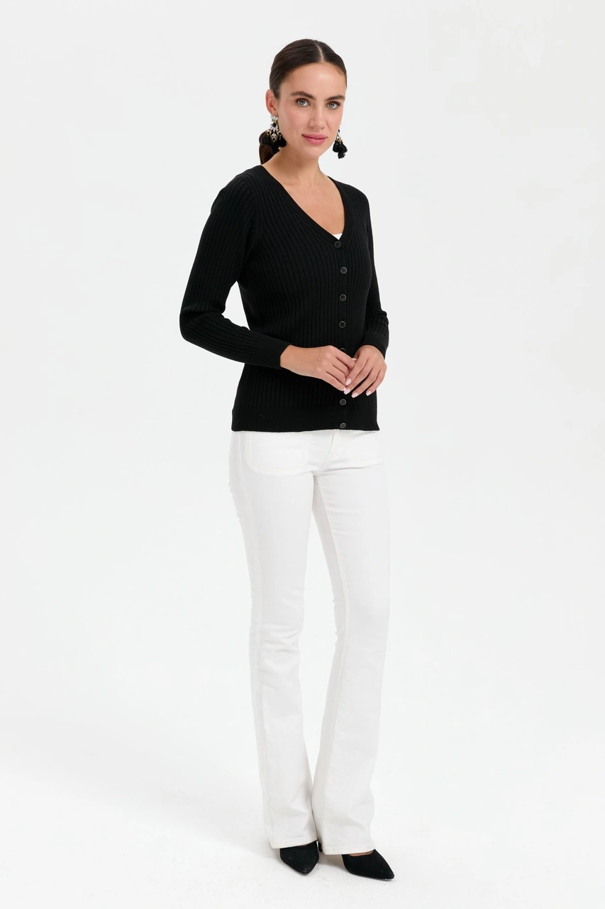 Desen Triko Kadın V Yaka Dikişsiz Hırka Siyah Siyah
