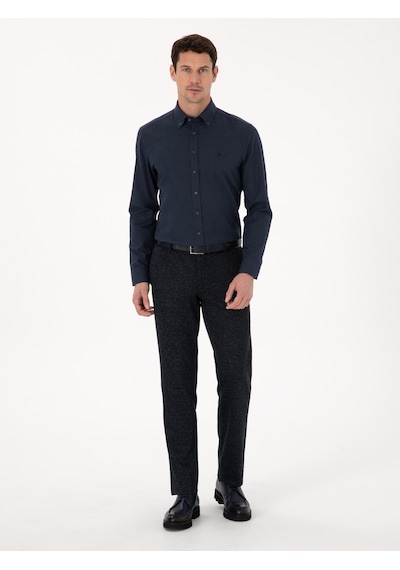 Cacharel Lacivert Slim Fit %100 Pamuk Yakası Düğmeli Flanel Gömlek