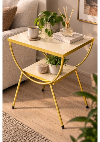 Sulorahome Gold Metal Yan Sehpa Krem Komodin Krem - Altın