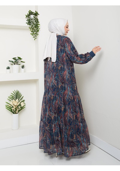 Hb Harma Time Butik Kadın Astarlı Lacivert Şifon Şal Desen Elbise