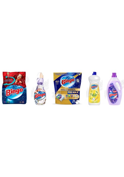 Bingo Renkliler 4kg + Soft + Pro Tablet 60'lı + Sıvı Bulaşık Deterjanı 1500 Ml + Soft Yumuşatıcı 3l 5'li Set Diğer