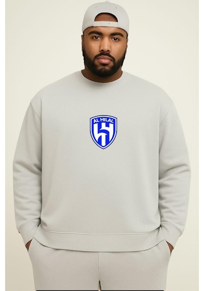 Benroma 3 İplik Penye Al Hılal Baskılı Büyük Beden Unisex Sweatshırt Gri