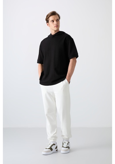 Tommy Life Siyah Pamuklu Kalın Yüzeyi Dokulu Oversize Fit Basic Erkek T-shirt - 88335 Siyah