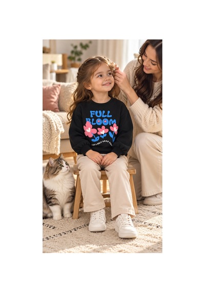 Messlife Full Bloom Çiçek Baskılı Siyah Kız Çocuk Sweatshirt Siyah - 929241242 Siyah