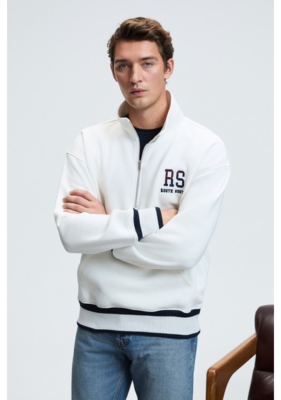 Grimelange PLATA Erkek Yarım Fermuarlı Kanguru Cepli Etek Ve Kolda Triko Detay Relaxed Fit Ekru Sweatshirt