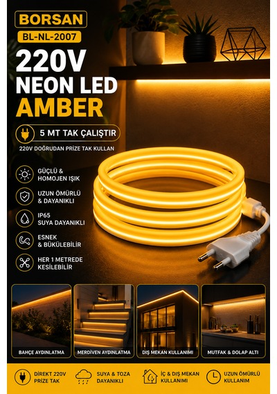 Amber 5 Metre Tak Çalıştır Yüksek Performanslı Borsan 220v Neon Led Amber Montaj Aparatı Dahil 5 Metre Amber